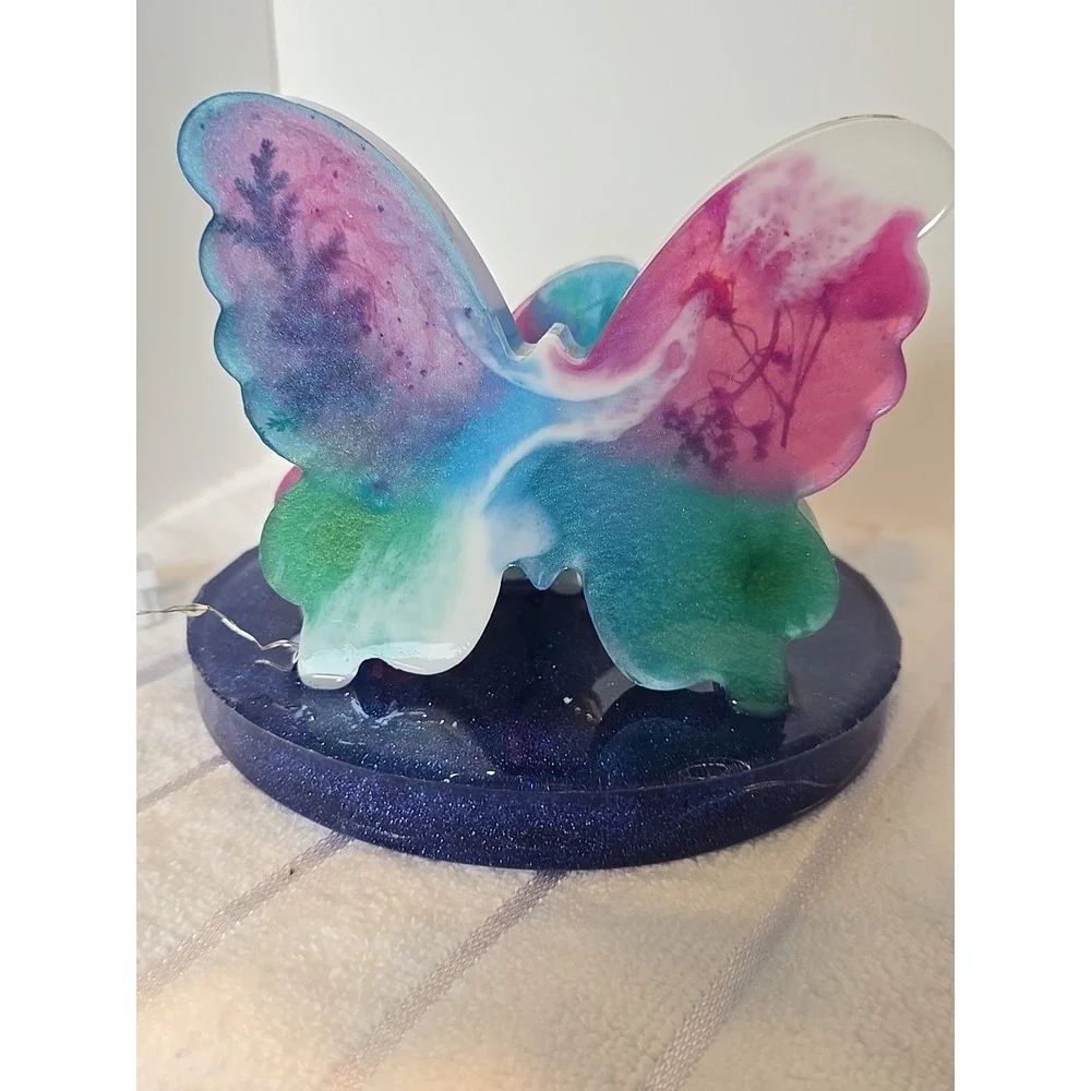 Handmade Resin Butterfly Plate With Lights Blue With Flowers 3 Speed Flashin 772